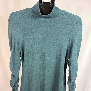 Anthropologie Knit Mock Neck Top Teal Blue Ruched Sleeves Women’s Medium